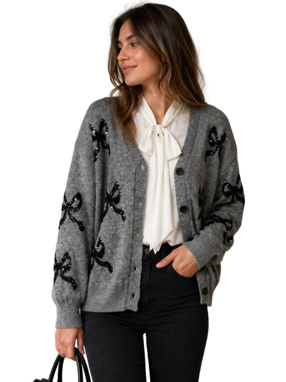 LILI SIDONIO Gray Knit Cardigan Black Sequined Bow Motif Button Front Sz L NEW